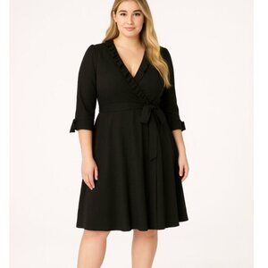 Gabby Skye Black Wrap Dress with Ruffle Trim Tie Waist 3/4 Sleeve Fit & Flare